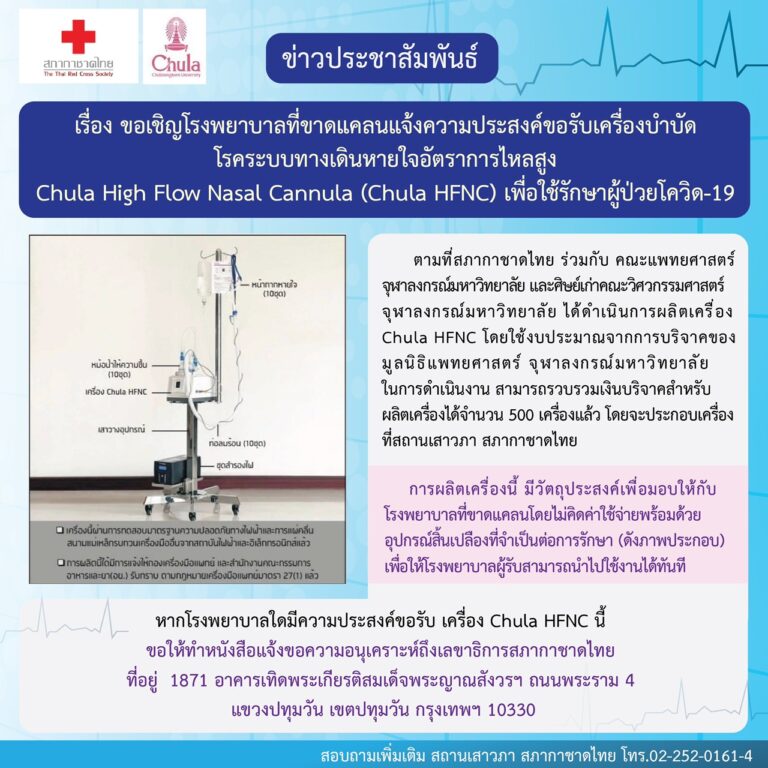 ขอเชิญโรงพยาบาลที่ขาดแคลนแจ้งความประสงค์ขอรับเครื่องบำบัดโรคระบบทางเดินหายใจอัตราการไหลสูงChula High Flow Nasal Cannula (Chula HFNC) เพื่อใช้รักษาผู้ป่วยโควิด-19