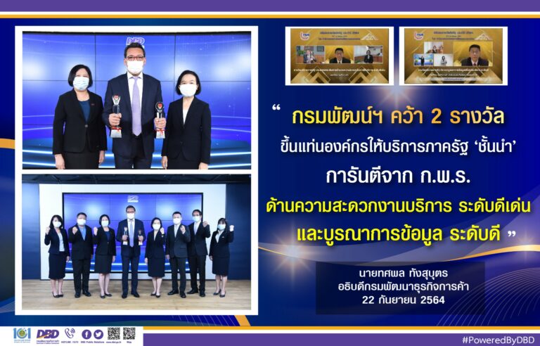 กรมพัฒนาธุรกิจการค้า คว้า 2 รางวัลขึ้นแท่นองค์กรให้บริการภาครัฐ ‘ชั้นนำ’