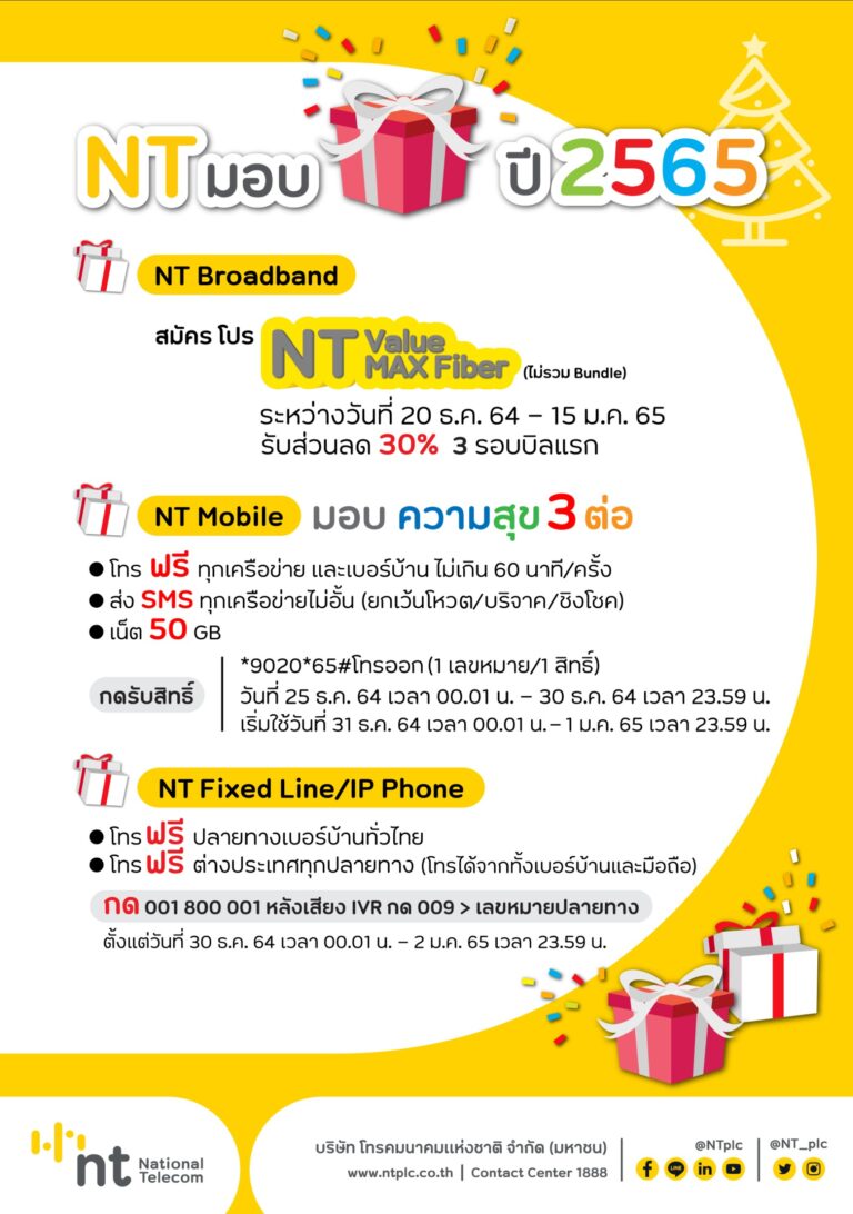 NT จัดเต็มของขวัญปีใหม่ 2565 ทั้งโทรศัพท์ เน็ตบ้าน และ NT Mobile ทั้งฟรี ทั้งลดจุใจสุดๆ