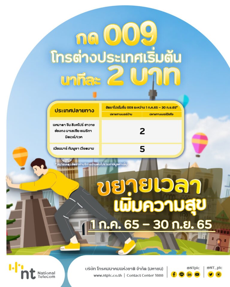 เอ็นทีขยายเวลาโปรโมชั่นโทรต่างประเทศ 11 ปลายทางถึง 30 ก.ย. 65